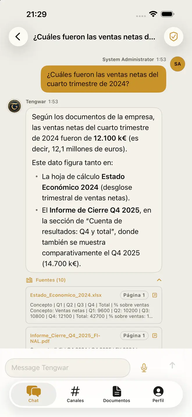 TENGWAR app on iPhone with the answer about quarterly net sales and its sources cited