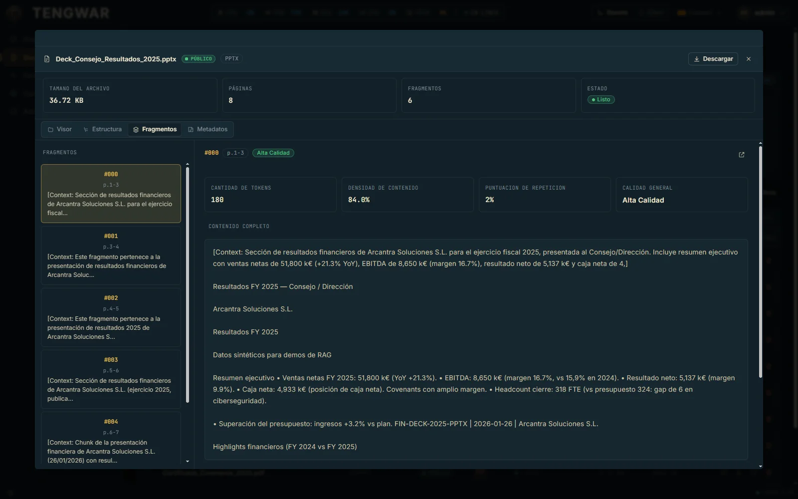 Document Detail 4-tab modal (Chunks · Assets · Structure · Metadata) — pending screenshot