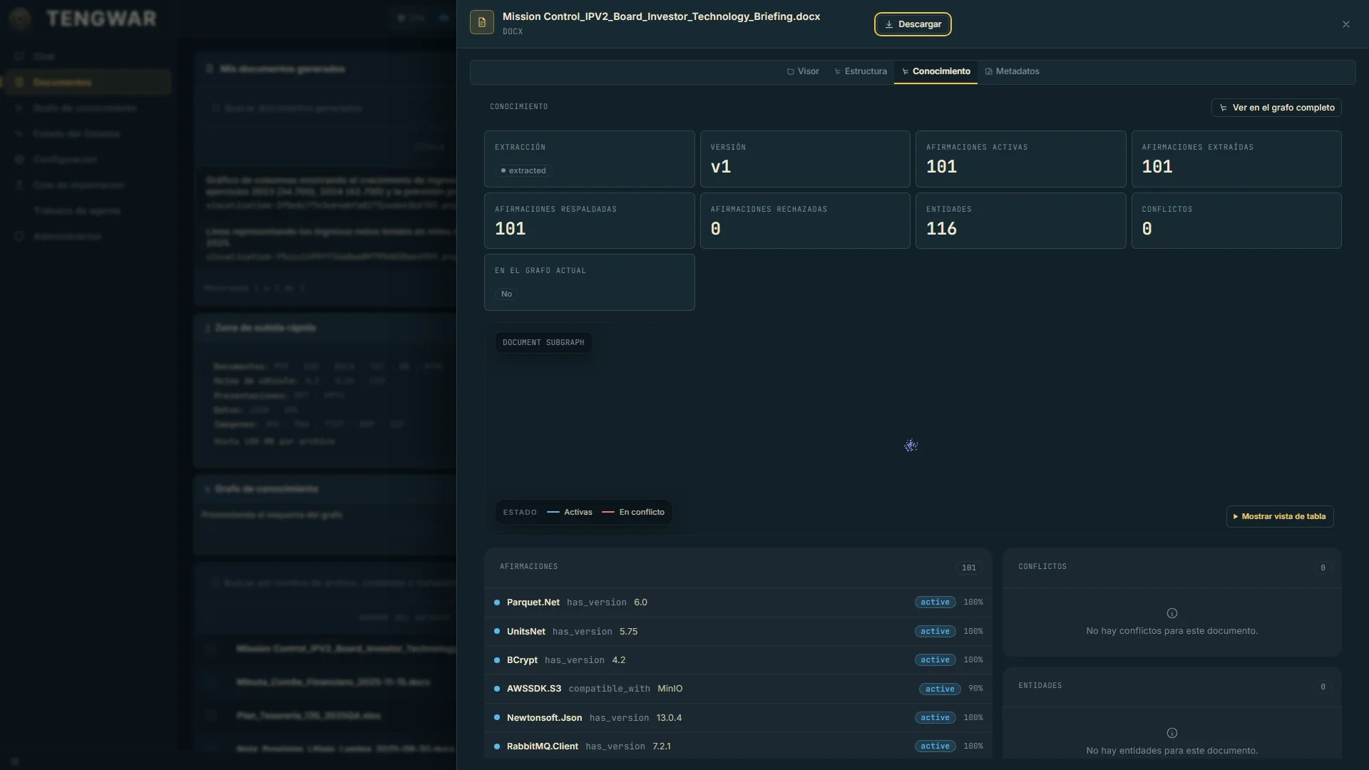 Document detail, knowledge tab: extracted facts, entities and conflicts per document
