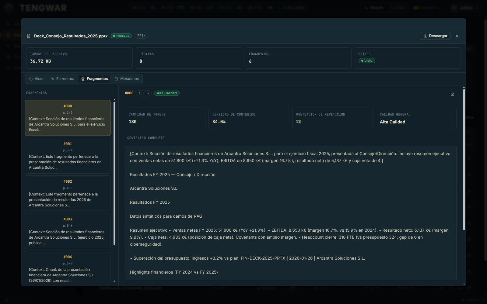 Document Detail 4-tab modal (Chunks · Assets · Structure · Metadata), pending screenshot